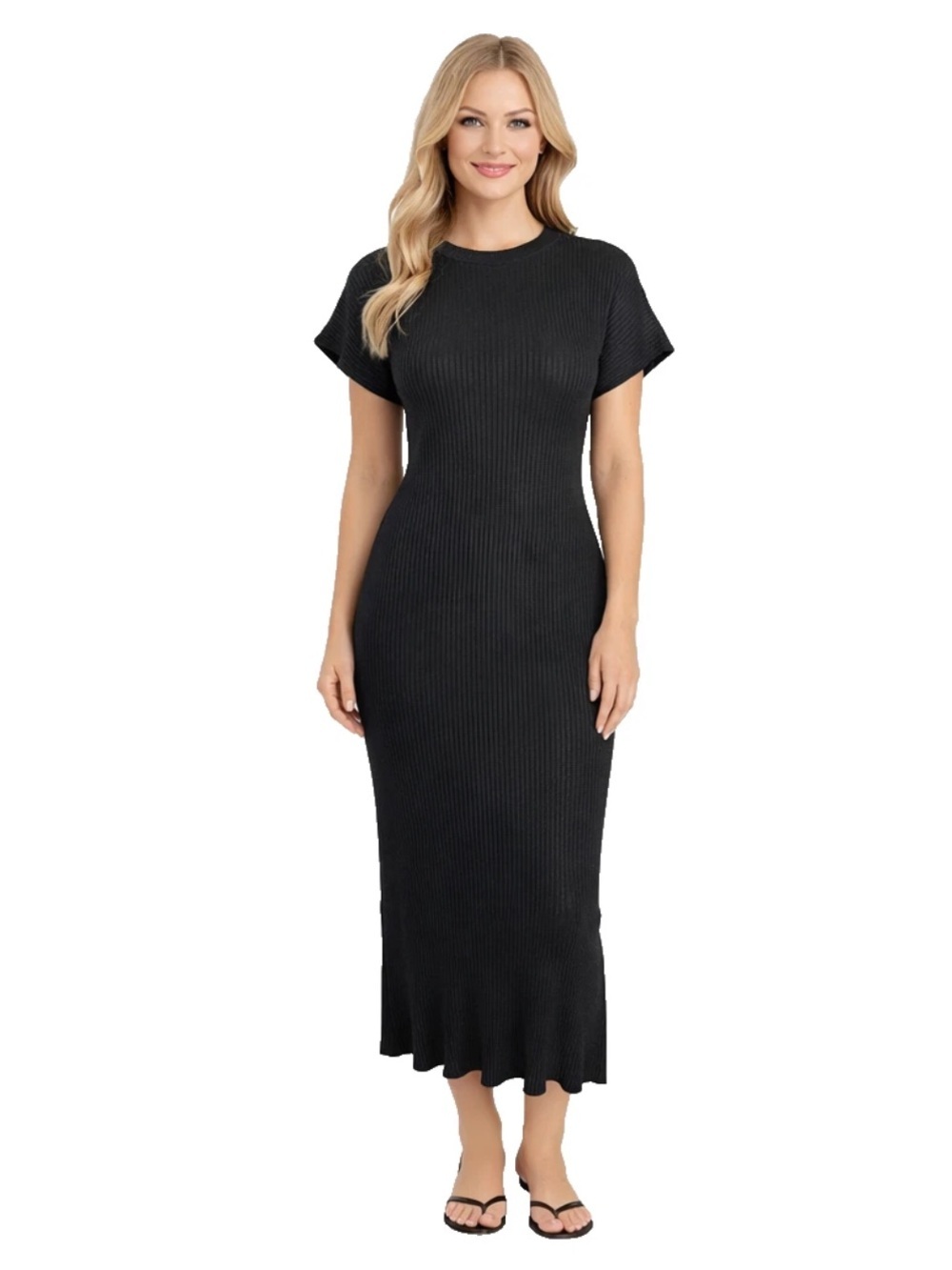 Eileen Fisher System Rib Knit Sweater Dress Black Cap Sleeve Shift Size M
